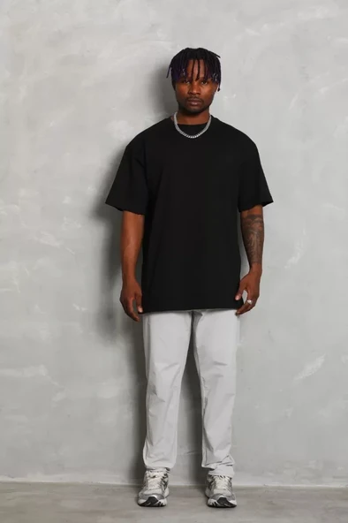 Unisex Oversize Düz Bisiklet Yaka T-Shirt - Siyah - 1