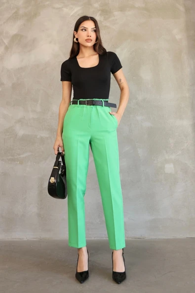 Kemer Detaylı Beli Lastikli Kumaş Pantolon 6163-Yeşil ürün görseli