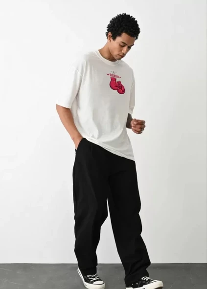 Unisex Bisiklet Yaka Baskılı Oversize T-Shirt - Beyaz ürün görseli 1