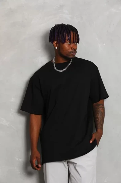 Unisex Oversize Düz Bisiklet Yaka T-Shirt - Siyah - 4