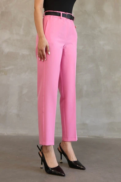 Kemer Detaylı Beli Lastikli Kumaş Pantolon 6163-Pembe - 4