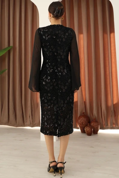 Pulpayet ve Şifon Kollu Kadife Midi Elbise 6045-Siyah - Resim 7