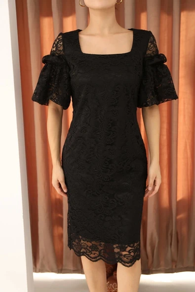 Kare Yaka Balon Kollu Dantel Elbise 6039-Siyah - Resim 4