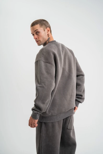 Unisex Uzun Kol Bisiklet Yaka Yıkamalı SweatShirt - Füme - 4