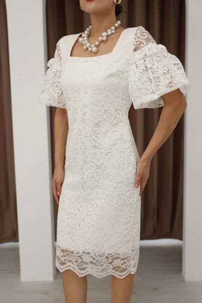 Kare Yaka Balon Kollu Dantel Elbise 6039-Beyaz - Resim 4