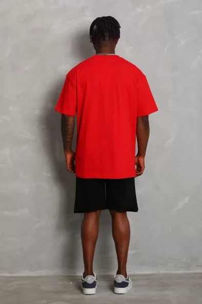 Unisex Oversize Düz Bisiklet Yaka T-Shirt - Kırmızı - Resim 2