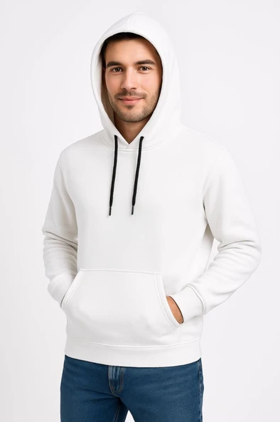 Erkek Üç İplik Kapüşonlu Kanguru Cepli SweatShirt Hoodie - Beyaz - Resim 4