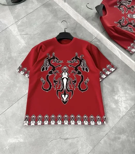 Unisex Bisiklet Yaka Baskılı Oversize T-Shirt - Kırmızı ürün görseli 1