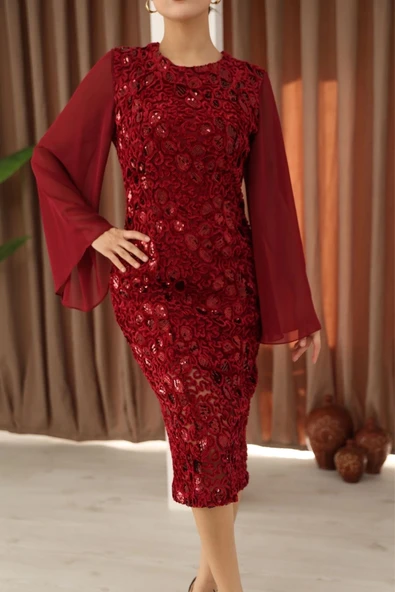 Pulpayet ve Şifon Kollu Kadife Midi Elbise 6045-Bordo - Resim 4