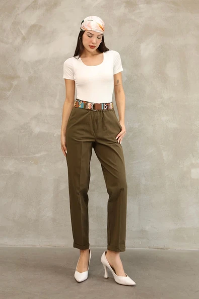 Etnik Desen Kemerli Gabardin Kumaş Pantolon 6176-Haki - 2