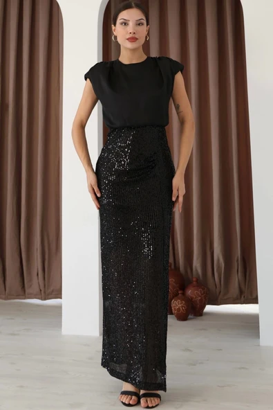 Saten Kombinli Payetli Kalem Elbise 6044-Siyah ürün görseli