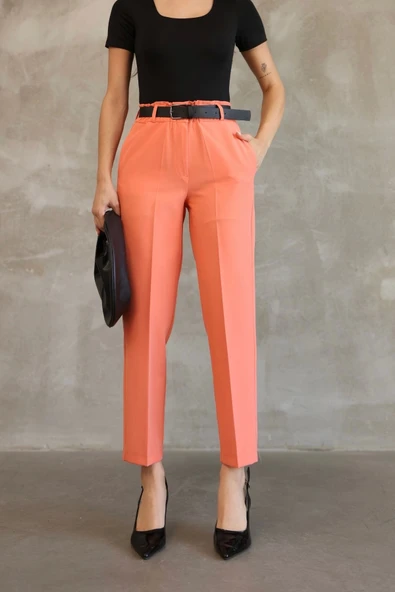 Kemer Detaylı Beli Lastikli Kumaş Pantolon 6163-Oranj - Resim 3