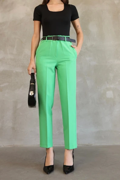 Kemer Detaylı Beli Lastikli Kumaş Pantolon 6163-Yeşil - Resim 4