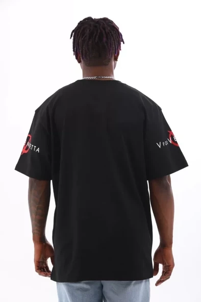 Unisex Oversize Baskılı Bisiklet Yaka T-Shirt - Siyah - 4