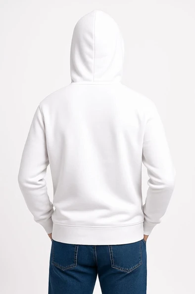 Erkek Üç İplik Kapüşonlu Kanguru Cepli SweatShirt Hoodie - Beyaz - Resim 3