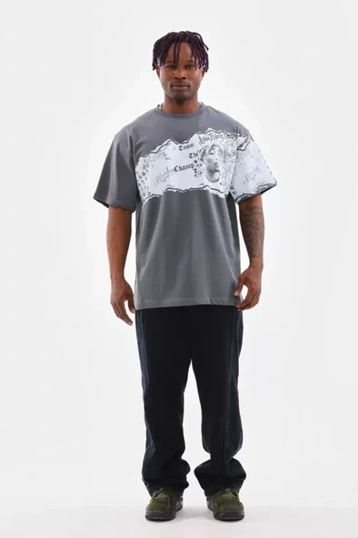 Unisex Bisiklet Yaka Baskılı Oversize T-Shirt - Gri - Resim 2