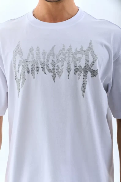 Unisex Oversize Taşlı Bisiklet Yaka T-Shirt - Beyaz - Resim 3