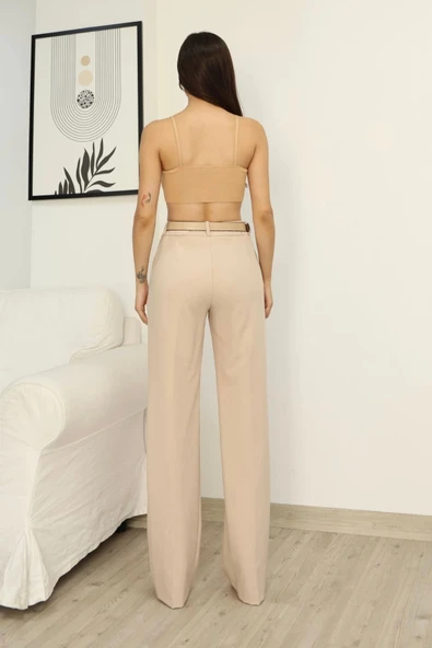 Cep Detaylı Beli Lastikli Kemerli Kumaş Pantolon 6157-Vizon - Resim 6