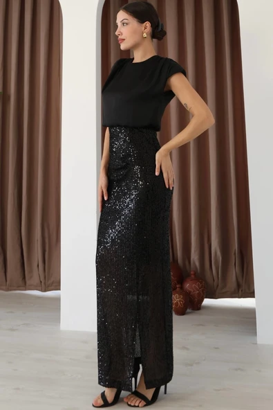 Saten Kombinli Payetli Kalem Elbise 6044-Siyah - Resim 6