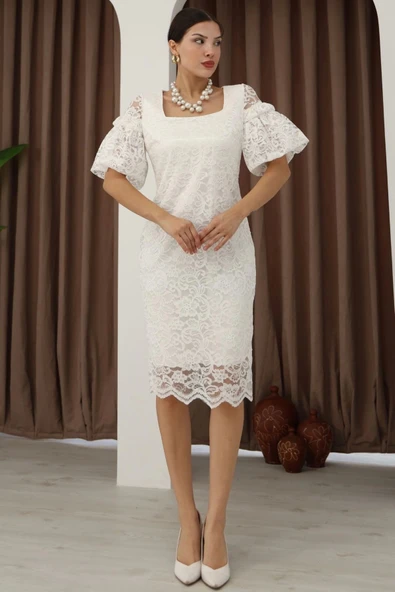 Kare Yaka Balon Kollu Dantel Elbise 6039-Beyaz - Resim 2