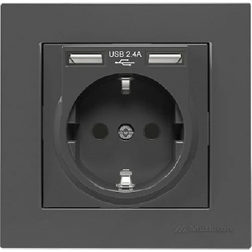 RİTA FÜME ÇERÇEVELİ İKİLİ USB'Lİ TOPRAKLI PRİZ ürün görseli 1