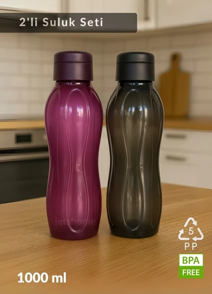 2’li PP-5 Su Şişesi Seti – 1000 ml Sızdırmaz Matara, BPA Free, Ev-İş-Spor İçin Siyah-Mürdüm ürün görseli