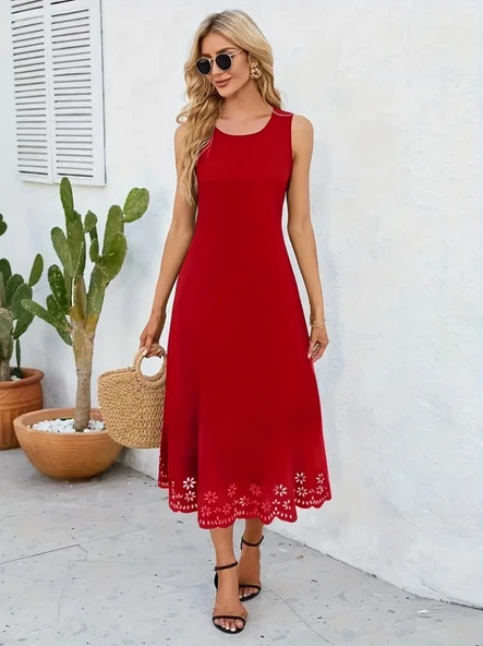 Kadın Kolsuz Etek Ucu Lazer Kesim çiçek Desenli Midi Boy Ithal Krep Elbise - 4