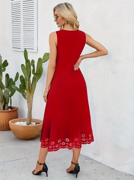 Kadın Kolsuz Etek Ucu Lazer Kesim çiçek Desenli Midi Boy Ithal Krep Elbise - 2