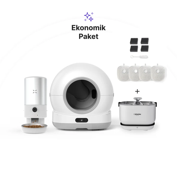 Xenon Smart Akıllı Otomatik Kamerasız Kedi Tuvaleti Paslanmaz Çelik Kaseli 5LT Mama Kabı Akıllı Bataryalı Su Pınarı ve Filtre 4'lü Pet Seti