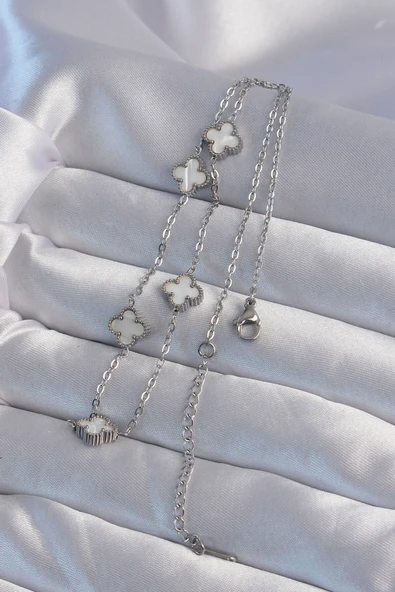 316L Çelik Gümüş Renk Minimal Beyaz Sedefli Yonca Kolye - Resim 2