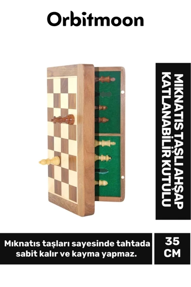 Premium Seri Ahşap Dekoratif Strateji Zeka Mıknatıs Taşlı Katlanabilir Kutulu Satranç Oyunu 35 Cm