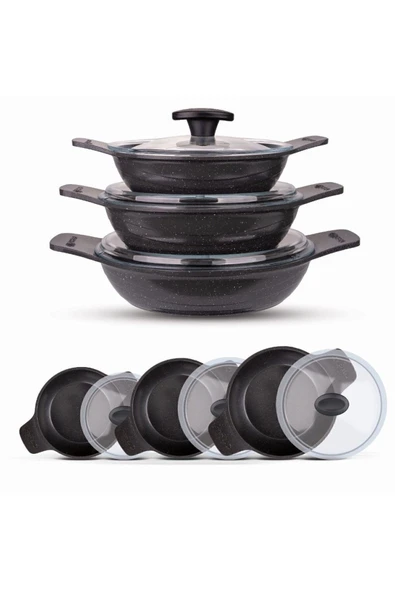 ThermoAD Pyro Granit Döküm 3'lü Güveç Sahan Set - 6 Parça - Gri - 18 20 22 cm - 1