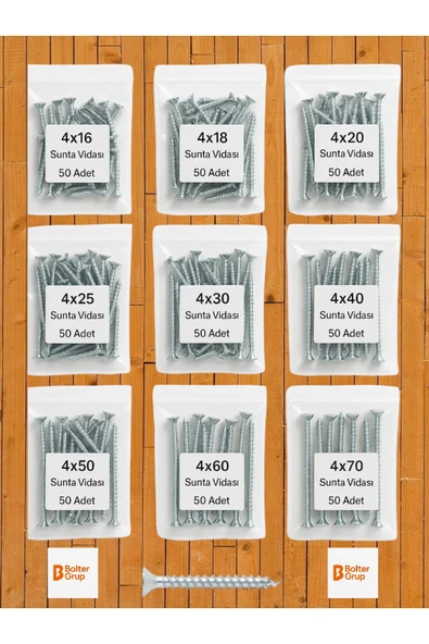 BOLTER Ağaç Ve Sunta Vidası Seti – 4 Mm Çap / Toplam 450 Vida / 9 Boy (16-70 MM) ürün görseli 1