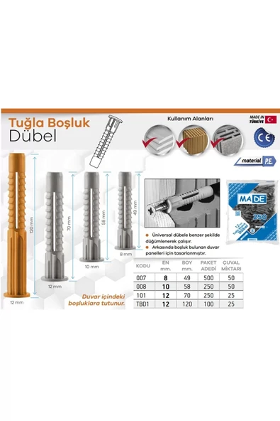 BOLTER 12Mm Tuğla Boşluk Dübeli 50 Adet - Resim 2