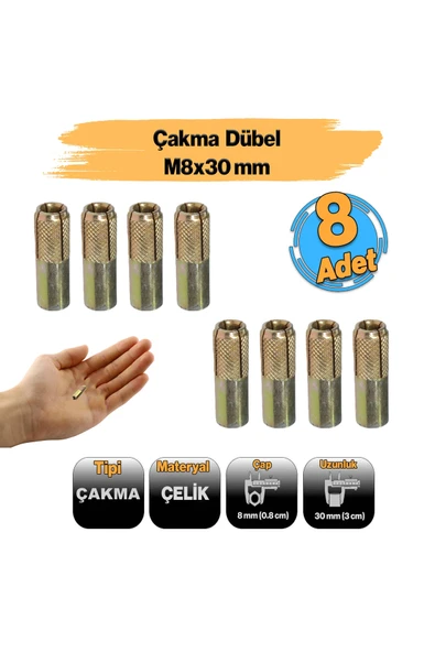 BOLTER Çakma Çelik Dübel 8 Adet İç Dişli ( M8x30 mm ) Raf İskele Montaj Bağlantı Monte Tavan Asma Aparat ürün görseli 1