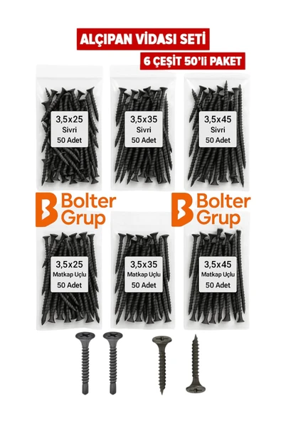 BOLTER Alçıpan Vida Seti – 3,5 mm Çap / 25-35-45 mm Boy – 6 Çeşit – Toplam 300 Adet ürün görseli 1