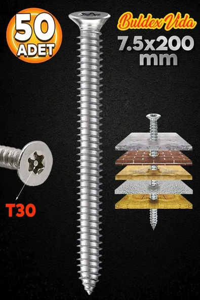 BOLTER Buldex Vida 7.5x200 mm 50 ADET Sivri Uçlu Dübelsiz Beton Vidası Tork Duvar Vidası Buldeks ürün görseli 1