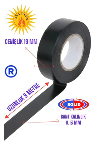Solid Elektrik Izole Bant Pvc Siyah Renk Elektrikçi Kablo Bandı 10 Adet ürün görseli 1