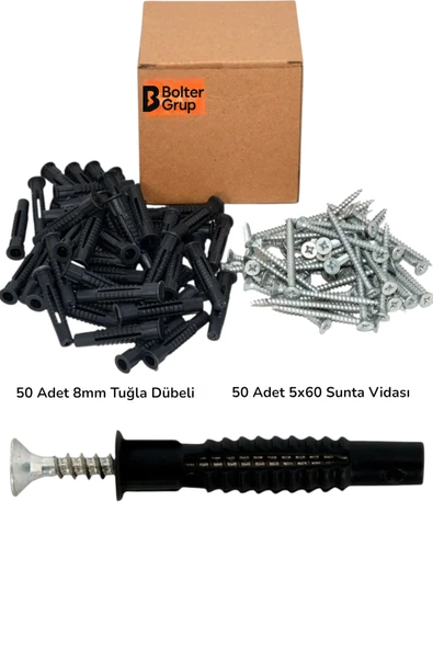 BOLTER Vida ve Dübel Seti 50 Adet 5x60 mm Sunta Vidası ve 50 Adet 8mm Siyah Tuğla Beton Boşluk Dübel - 1