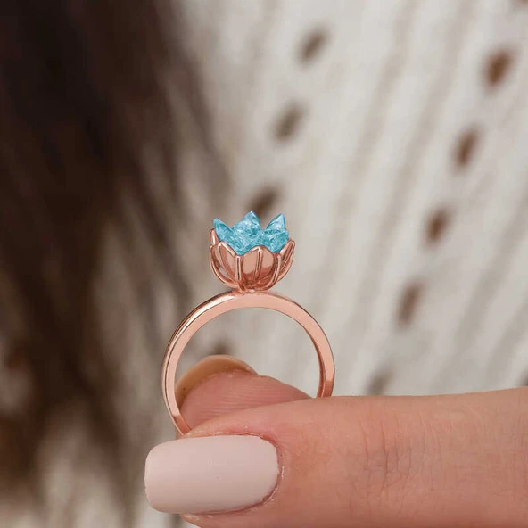​Gümüş Rose Mavi Lotus Çiçeği Yüzük - 5
