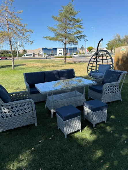 Ayaz 7 Kişilik Rattan Bahçe Oturma Grubu  3+1+1 Koltuk, Cam Masa Ve 2 Puf Hediyeli Salincakli - 2