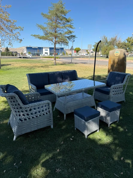 Ayaz 7 Kişilik Rattan Bahçe Oturma Grubu  3+1+1 Koltuk, Cam Masa Ve 2 Puf Hediyeli Salincakli - 2