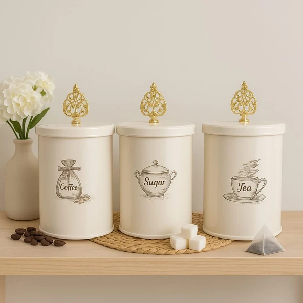 Dekorasyaa 3'lü Çay Şeker Kahve Kavanoz Seti Metal 1200ml - 1