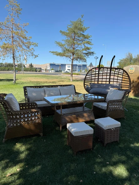 Ayaz 7 Kişilik Rattan Bahçe Oturma Grubu  3+1+1 Koltuk, Cam Masa Ve 2 Puf Hediyeli