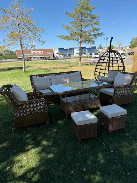 Ayaz 7 Kişilik Rattan Bahçe Oturma Grubu  3+1+1 Koltuk, Cam Masa Ve 2 Puf Hediyeli Salincakli - 2