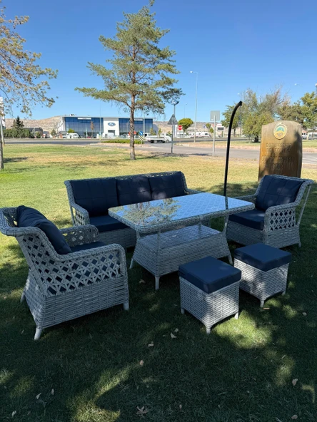 Ayaz 7 Kişilik Rattan Bahçe Oturma Grubu  3+1+1 Koltuk, Cam Masa Ve 2 Puf Hediyeli Salincakli - 3