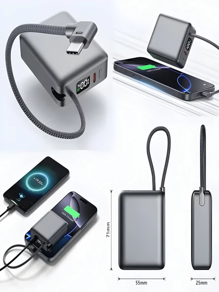 20W Hızlı Şarj Powerbank 10000mAh LCD Ekranlı, Dahili Type-C Girişli Kablolu Taşınabilir Şarj - Resim 2