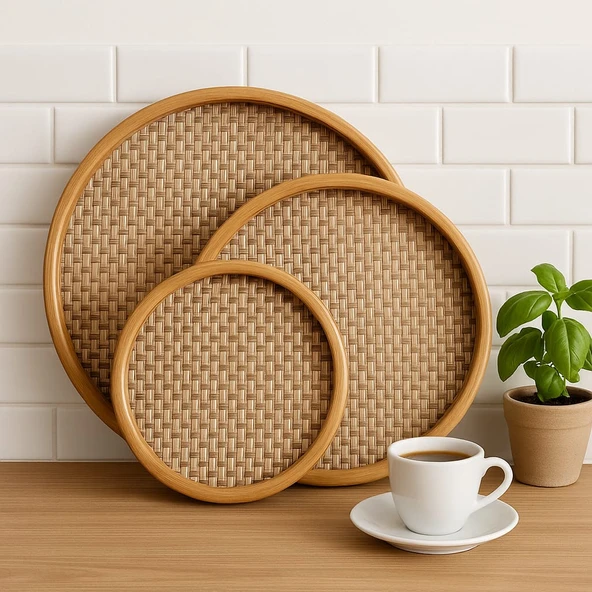 Dekorasyaa Yuvarlak Bambu Tepsi 3'lü Set - 25x30x35 - 1