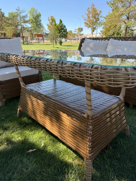 Ayaz 7 Kişilik Rattan Bahçe Oturma Grubu  3+1+1 Koltuk, Cam Masa Ve 2 Puf Hediyeli Salincakli - 7