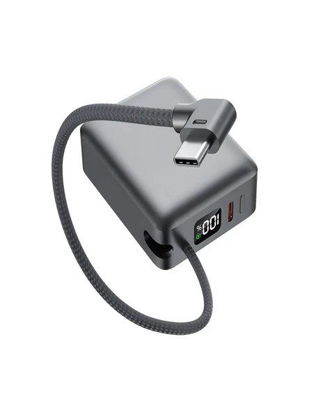 20W Hızlı Şarj Powerbank 10000mAh LCD Ekranlı, Dahili Type-C Girişli Kablolu Taşınabilir Şarj - Resim 4